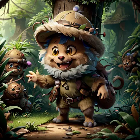 a small,colorful, fuzzy, fluffy fur,,cute,excited, fantz creature, dressed like Indiana Jones on a winding pathway through a den...