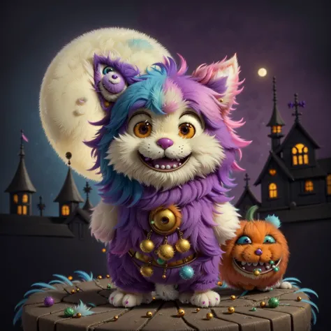 a small,colorful, fuzzy, fluffy fur,,cute, smiling, happy(joy:1.5) fantz creature. The background is a old victorian house decor...