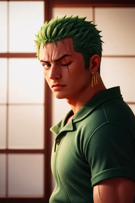 1 homme, Roronoa Zoro, mâle musclé, cicatrice, un oeil fermé, cicatrice across eye, vêtements verts japonais, 24mm, textures 4k, lumière douce et cinématographique, HDR, très détaillé, netteté, ((((aspect cinématographique)))), détails fous, détails complexes, hyperdétaillé, lumière douce et cinématographique, couleurs sombres, mélange d&#39;exposition, HDR, délavé