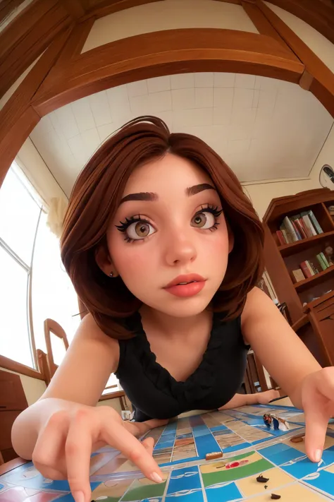 (from below, closeup on face:1.2) photo of CandelaGallo wearing makeup and lipstick and eyeliner,
she is wearing sarashi,
she is wearing fingerless gloves,
her hair is styled as rooted lob hair,
BREAK she is (playing a board game:1.1),
overcast flat lighting,
8mm fisheye lens
,technicolor,