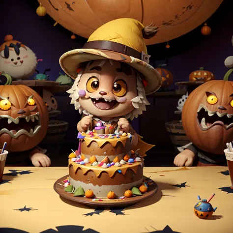 there are many pumpkins and a cake with a witch on it