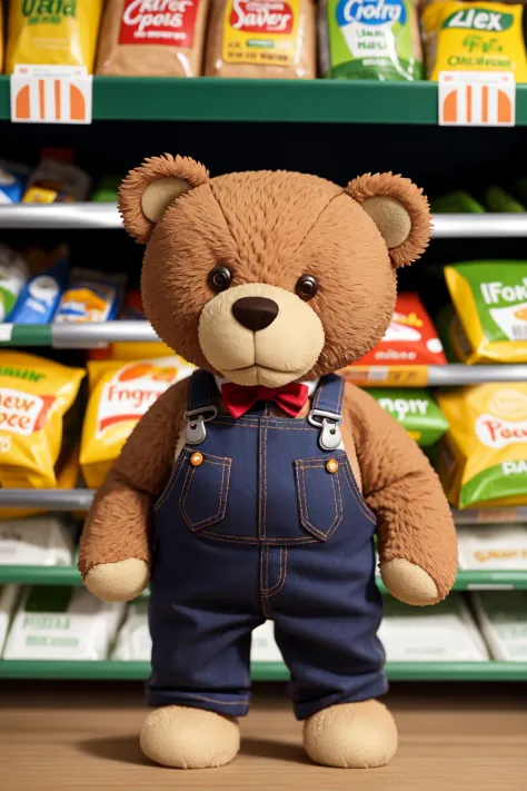 Un ours en peluche en salopette au supermarché, Reflex numérique, ultra qualité, netteté, merci Sharp, DOF, grain de film