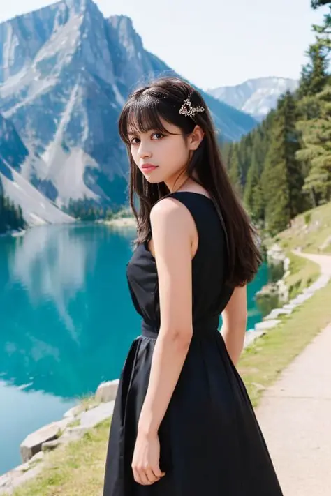 portray a resilient girl with shiny black hair, garbed in a sturdy dress, standing atop a majestic mountain. her determined gaze...