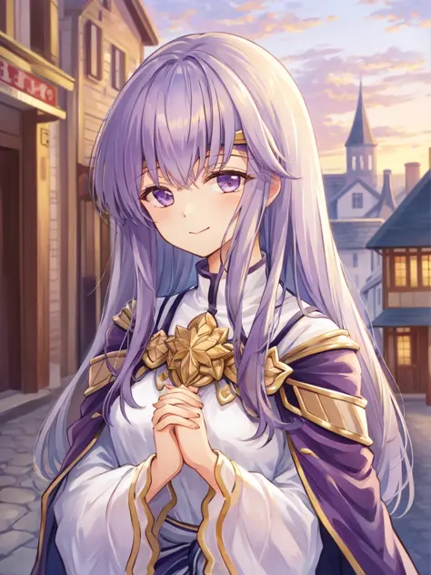 masterpiece, best quality, julia fe,  <lora:Julia_FE-10:1>, 1girl, solo, long hair, looking at viewer, smile, (town scenery), long sleeves, dress, closed mouth, upper body, wide sleeves, cape, own hands together, circlet