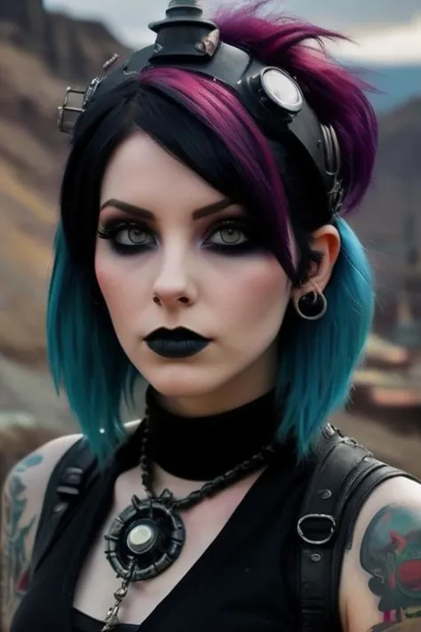 a close up of a person with a blue and purple hair