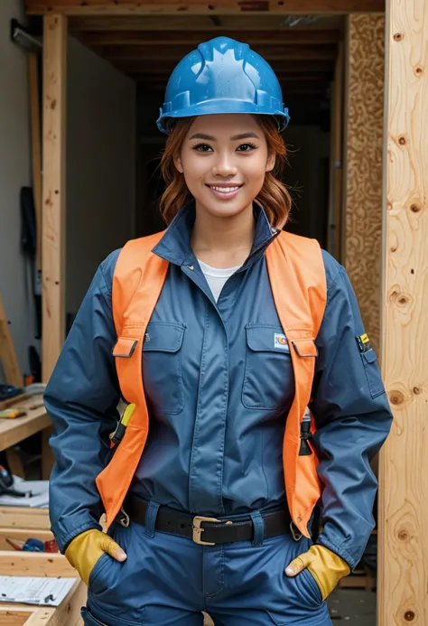 (medium full shot) of (hardworking construction worker) young woman, busty build, short ginger bun hair, philippine, tan skin, hazel eyes, wearing a construction helmet, blue waterproof jacket, durable pants, mules with sturdy design, safety harness, work gloves carrying a toolbox, set in  __cof-location/place/location/office__, at day, woman smiling, ,Masterpiece,best quality, photo, realistic, very aesthetic, detailed face,