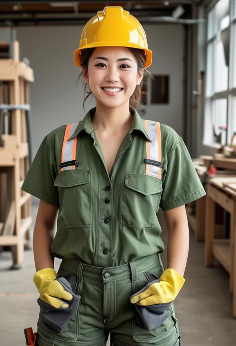 (medium full shot) of (diligent construction worker) young woman, medium build, long hazel messy bun hair, japanese, fair skin, ...