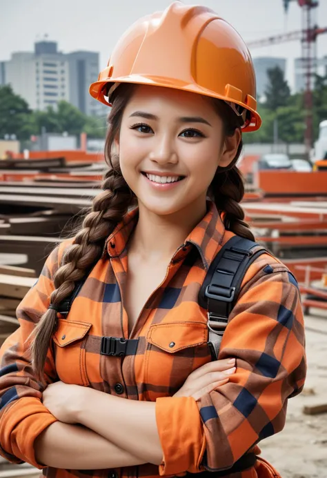 (medium full shot) of (tough construction worker) young woman, busty build, long brown french braid hair, korean, tan skin, haze...