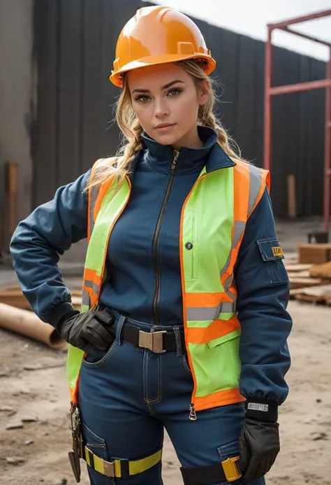 (medium full shot) of (rugged construction worker) young woman, willowy build, medium blonde single braid hair, mexican, caramel...