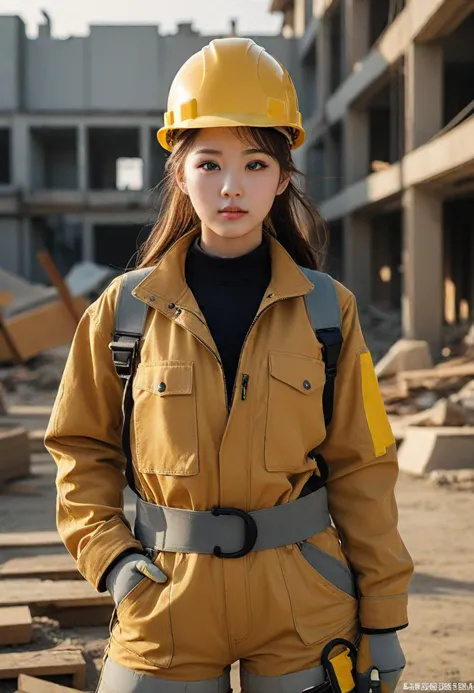 (medium full shot) of (diligent construction worker) young woman, full-figured build, medium brown ponytail hair, korean, pale s...