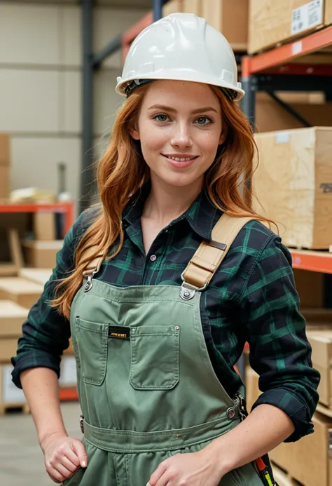 (medium full shot) of (robust construction worker) young woman, willowy build, long ginger side-swept hair, italian, tan skin, l...