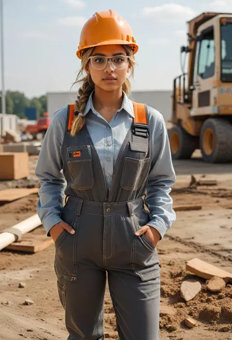 (medium full shot) of (strong construction worker) young woman, average build, long blonde bun hair, indian, caramel skin, hazel...