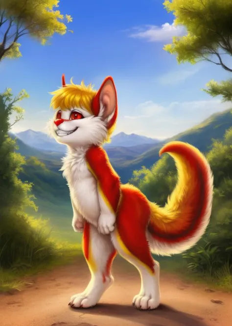 <lora:SnarfCatOsbertYIf:1> SnarfCatOsbertYIf, Snarf, big tail, red eyes, red nose,  furry, [road, earth, forest, trees, sky, clo...