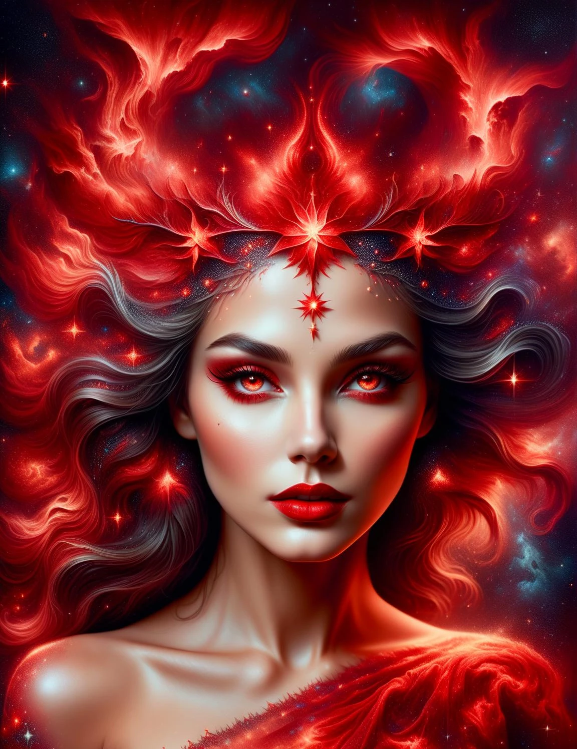 ragingnebula,high quality , dress made out of red stars, close up photo of very seductive red lips,sexy,beautiful,realistic,lifelike,studio photo,highly detailed,beautiful highly detailed eyes, dreamcore, Illustrations in the style of fantasy mythology, ultra realistic illustration, complementary colors