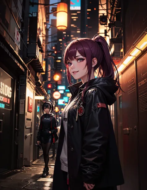 grainy,cyberpunk,  night,<lora:rMadArt3_NoiseOffset:1>,
BREAK
girl, cyberpunk clothing, ponytail, smile, cape with hood, bioluminescent clothing, purple lights, orange lights, blue lights,
BREAK
alley background