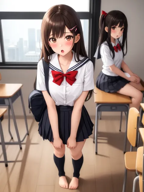 anime girl in school uniform standing in front of desks with her hands on her hips