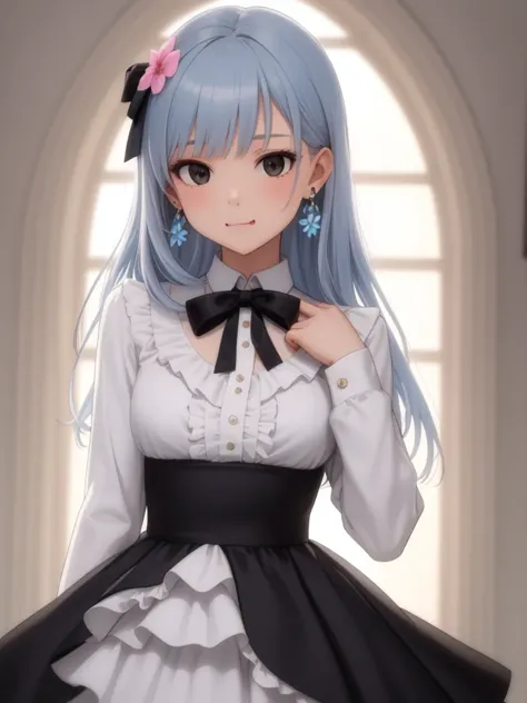 1girl, black bow, black bowtie, black dress, black eyes, black ribbon, bow, bowtie, brown hair, closed mouth, dress, earrings, fang, flower, frilled dress, frills, hand up, jewelry, light blue hair, long hair, long sleeves, looking at viewer, neck ribbon, pink flower, ribbon, solo, upper body