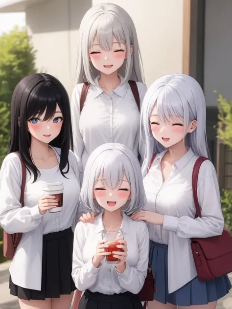 multiple girl, 2+girl, 2girls, :d, ^_^, bag, black hair, blue eyes, blush, closed eyes, closed mouth, cup, drinking glass, facing viewer, holding, holding cup, long sleeves, looking at viewer, multiple girls, open mouth, outdoors, shirt, shoulder bag, smile, white hair, white shirt,