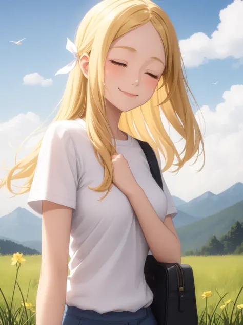 a woman with long blonde hair standing in a field of flowers