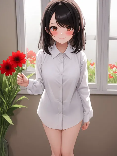 a woman in a gray shirt and shorts holding a red flower