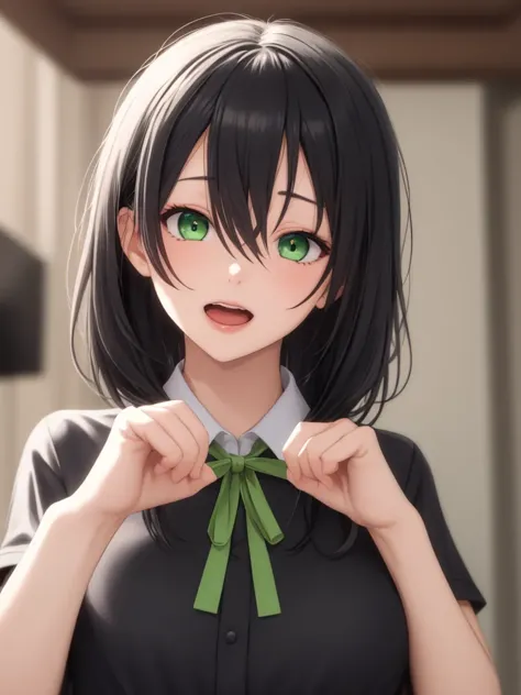 1girl, solo, HQ, black hair, black shirt, blurry, blurry foreground, collared shirt, day, depth of field, green eyes, hair between eyes, hands up, head tilt, holding, indoors, neck, neck ribbon, open mouth, ribbon, shirt, upper body,