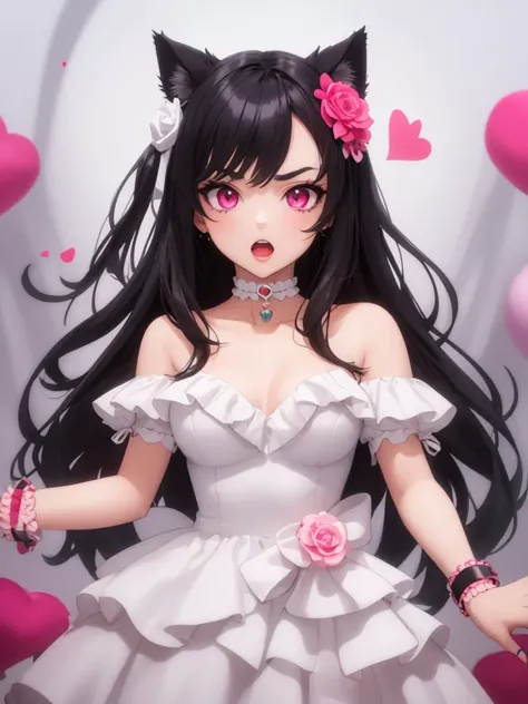 1girl, solo, HQ, bracelet, cat eye, choker, dress, flower, frills, hair flower, hair ornament, heart, jewelry, long hair, nail polish, open mouth, pink eyes, upper body, v-shaped eyebrows, white dress, wrist cuffs,