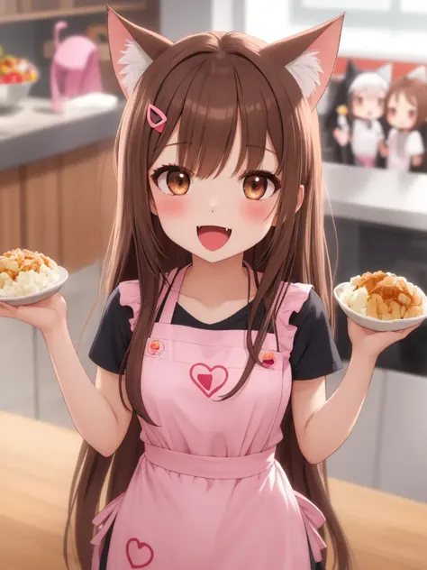 anime girl with cat ears holding two plates of food