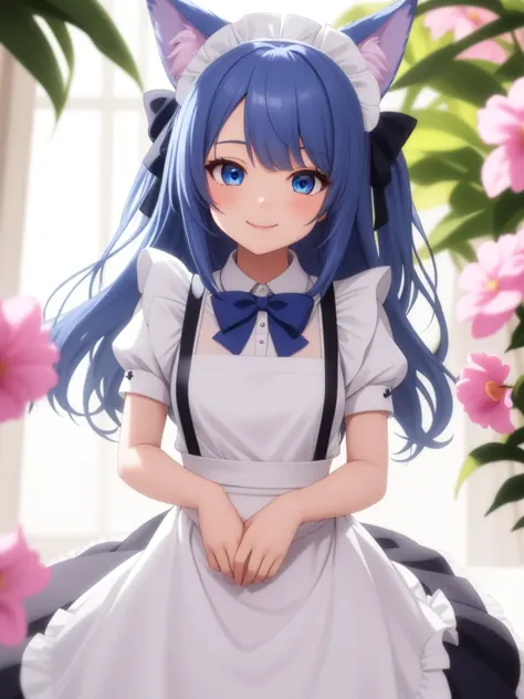 1girl, animal ears, apron, blue bow, blue eyes, blue hair, bow, dress, flower, hair bow, long hair, maid, maid headdress, pink flower, puffy short sleeves, puffy sleeves, short sleeves, smile, solo, two side up, white apron,