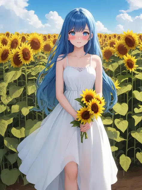 a woman in a white dress standing in a field of sunflowers