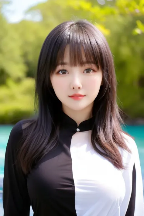 a close up of a woman with long hair wearing a black and white shirt