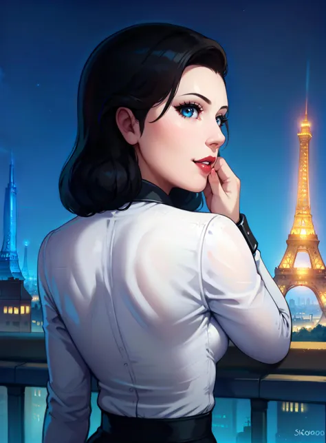 score_9, score_8_up, score_7_up, score_6_up, 2d, Elizabeth Comstock, white shirt, from behind, looking back, close-up, parted lips, looking at viewer, turning around, solo, 1girl, standing, eiffel tower, suprised, (happy:0.7), blue eyes, night sky, lipstick, (pale skin:0.6), city background, (night), black hair, <lora:hutagoXL:0.6> <lora:ShadNewLycoXL:0.3> <lora:merunyaa_style_ponyxl_v1_unet:0.3> <lora:Elizabeth_Comstock_3.0:1>