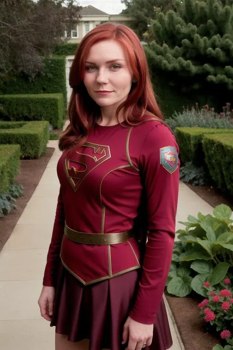 a close up of a woman in a red costume standing in a garden