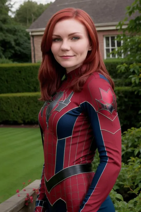 a woman in a spider - man suit poses for a picture