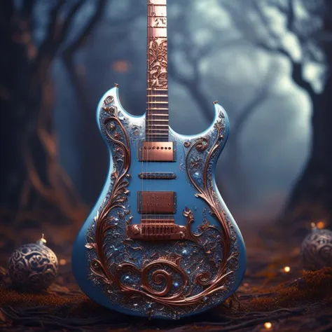 raw photo of a very detailed guitar with whimsical elements, magical fairytale landscape, fantasy style art, dusty blue theme, i...