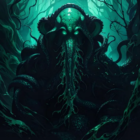 a painting of a giant octopus with tentacles in a forest