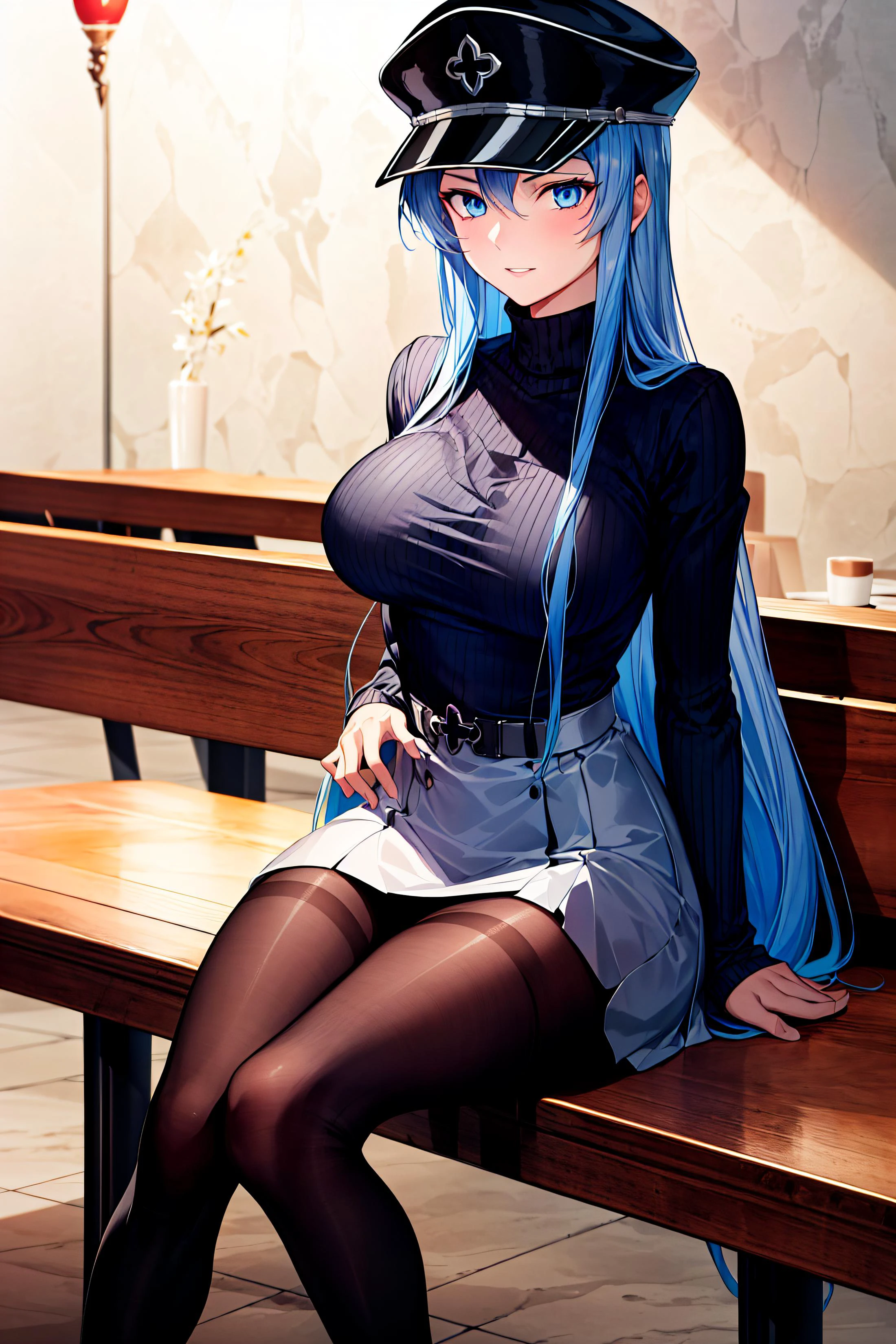 (masterpiece), (best quality),highres, ultra detailed, esdeath, long hair ,blue hair, blue eyes, peaked cap, detailed background, coffee shop,high-waist skirt, black pantyhose, (black sweater), sitting