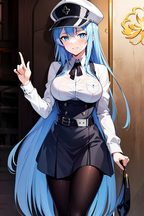 (masterpiece), (best quality),highres, ultra detailed, professional lighting, photography, esdeath, long hair ,blue hair, blue eyes, <lora:esdeath1:0.5>,formal wear, blouse, peaked cap, thigh boots, black belt ,black dress, black tie,black pantyhose, looking at viewer, goddess, detailed background, gala party, glamor,  <lora:virgin_killer_outfit:1>