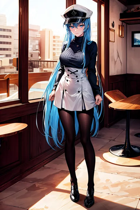 (Meisterwerk), (beste Qualität),highres, Extrem detailliert, Esdeath, lange Haare ,Blaue Haare, blaue Augen, Schirmmütze, detaillierter Hintergrund, Café,Rock mit hoher Taille, schwarze Strumpfhose, (schwarzer Pullover), Ganzkörper