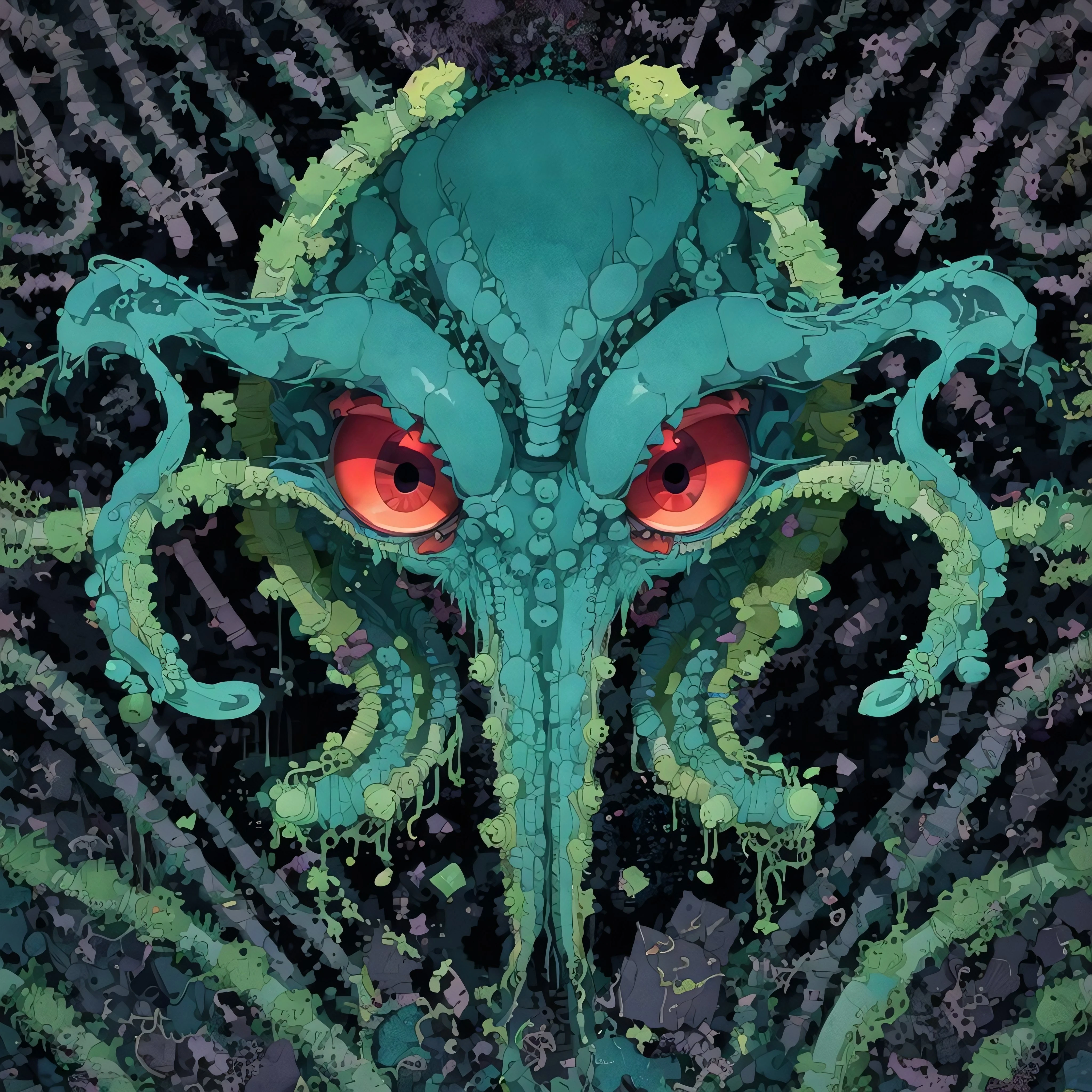 Es gibt einen grünen Oktopus mit roten Augen und Tentakeln, Lovecraftian, Cthulhu, Symbol für eine KI-App, inspiriert von Ken Kelly, Grün-Schwarz-Farbschema, Buchcover „Gänsehaut“, inspiriert von Edwin Dickinson, Magie, dunkles Blaugrün, Anzeigenbild, Kessel, Er ist wütend, Meisterwerk, ausführlich, preisgekrönt  