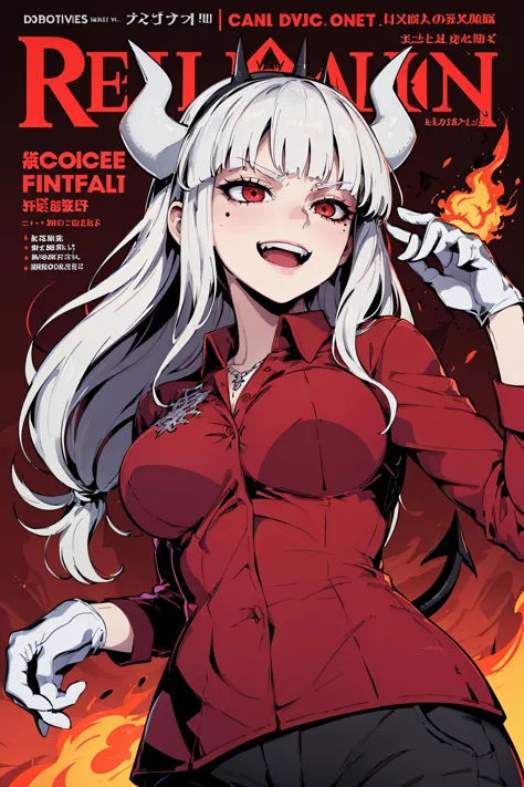 beautiful, (masterpiece), best quality, (extremely detailed face), extremely detailed eyes,  perfect lighting, OverallDetail, detailed, deep skin,textured skin,
lucifer, horns, demon girl, demon horns, mole, mole under eye, white horns, tail, demon tail, long hair, large breasts, blunt bangs,red shirt, shirt, collared shirt, gloves, formal, suit, pants 
,evil smile, ,evil eyes, evil laughing, 
, defaultz style, magazine cover,red theme, fire, magic fire,
flames from below,