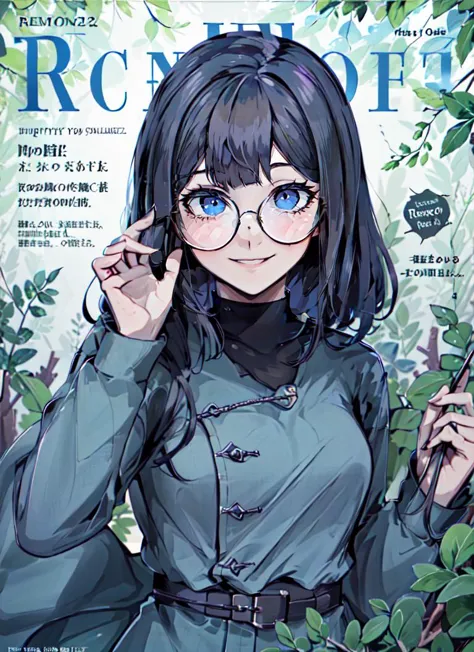 ((best quality)), ((highly detailed)), absurdres, (detailed eyes, deep eyes), (1girl), (glasses), Forced Perspective, dynamic pose, upper body, nerd, <lora:LoraRoundGlassesV1:.8>, round glasses, thick rimmed glasses, smile, (outside, at a mangrove_forest, midday), <lora:defaultz_style_v2:.7>, Defaultz style, English text:1.3, magazine cover