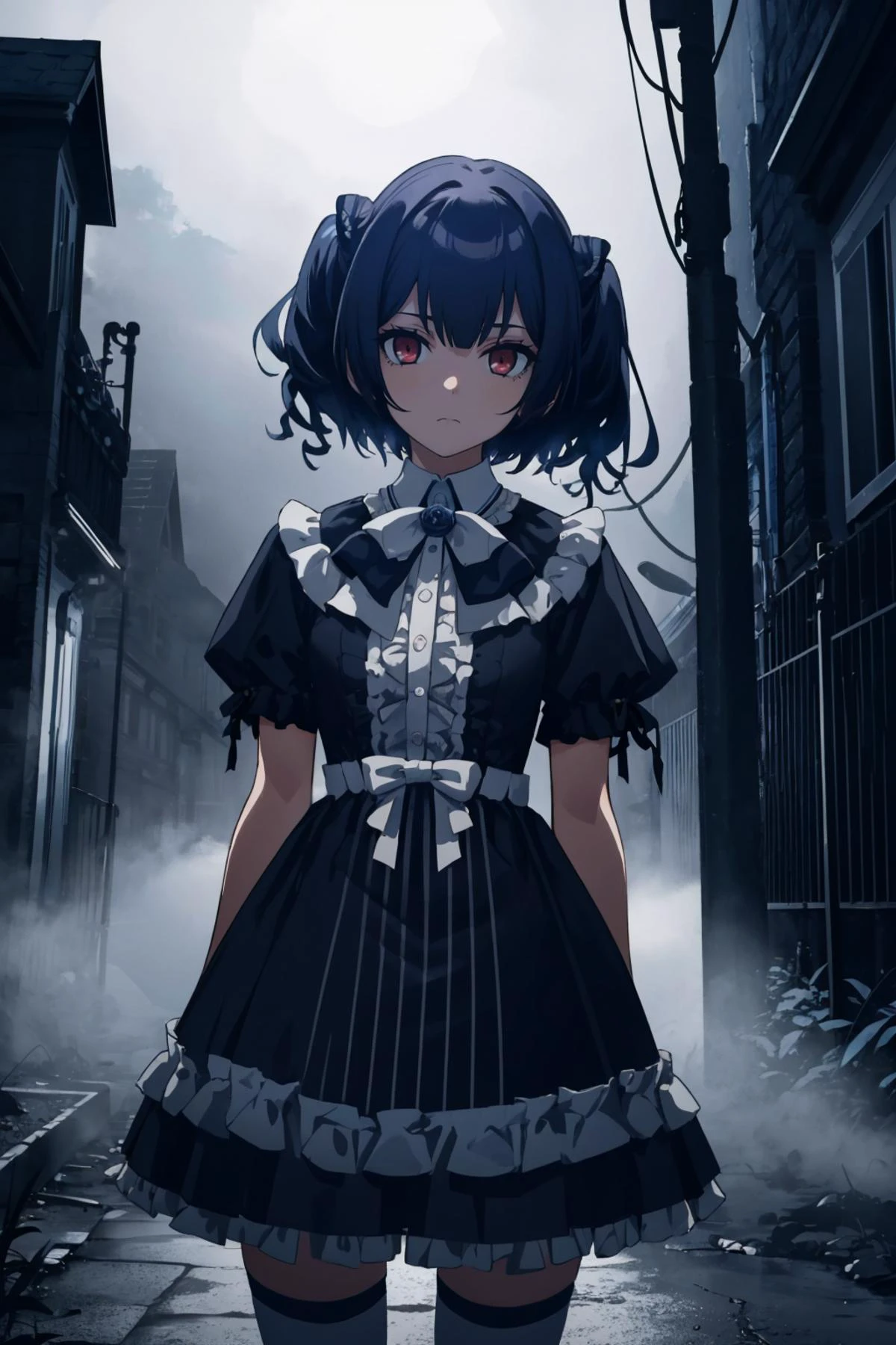 masterpiece, best quality, RinzeMorino, hair bun, RinzeGothic, two side up, ribbon, short sleeves, frilled dress, black dress, medium hair, wrist cuffs, white thighhighs, desaturated, gothic architecture, night, chiaroscuro, outdoors, cowboy shot, gloomy, looking at viewer, neutral expression, 