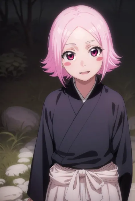 a woman with pink hair and a black robe stands in a forest