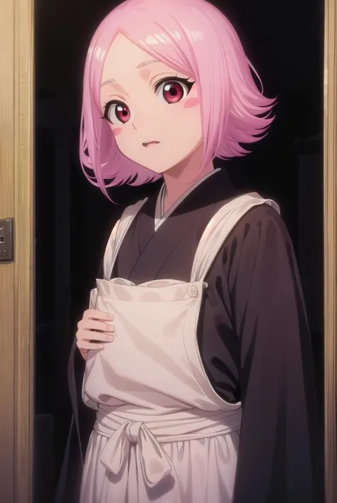 a close up of a person with pink hair and a white apron