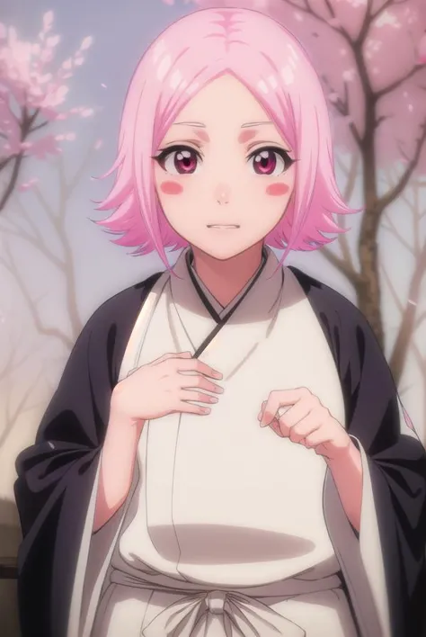 a woman with pink hair and a black robe standing in front of a tree