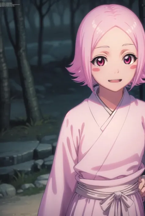 anime girl in pink outfit standing in front of a forest