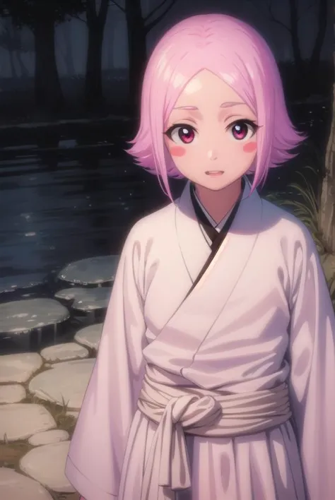 anime girl in white kimono standing in front of a pond