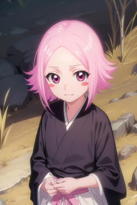 a close up of a person with pink hair and a black robe