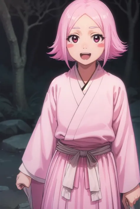 a close up of a person in a pink robe standing in a forest