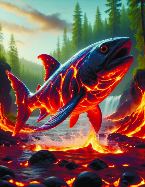 school of fish swimming in flowing lava. lava lake. volcano. fire. trout and bass. 4k video game concept unreal engine. pixar-cu...